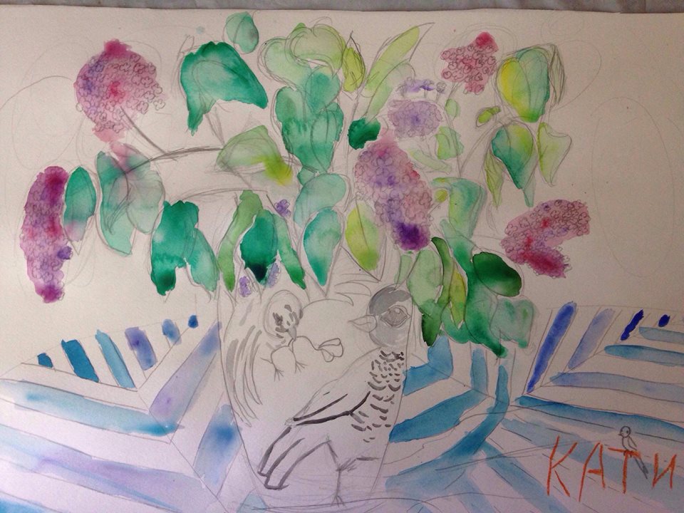 Ваза с люляци, рисувана от три госпожици